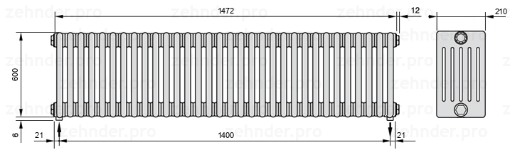 Схема (чертеж) Радиатор Zehnder Charleston 6060/32 №5310 Белый глянцевый RAL 9016